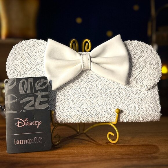 Loungefly Disney White Sequin Minnie Mouse Wallet w/ Ears & Bow NWT Elegant Rare - Picture 1 of 4